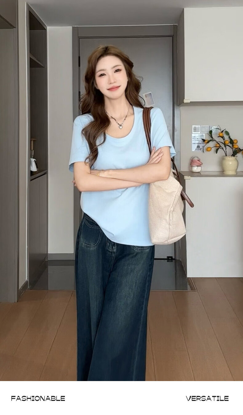 Ziyouxi Women's Cotton Short Sleeve T-Shirt 2025 New Pink U-Neck Loose Summer Casual Solid Color Relaxed Fit 9