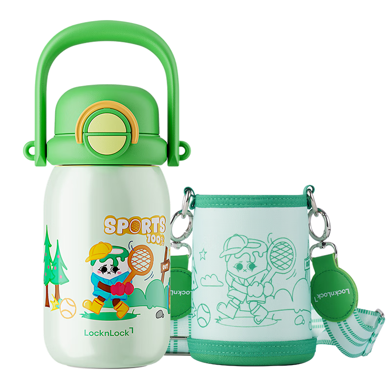 LOCK&LOCK Children's Insulated Cup with Straw, 316L Stainless Steel, Kindergarten Student Outdoor Dual-Use Water Bottle, 580ml, Gree