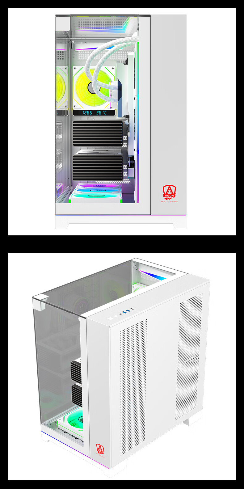 AOC AICG803W White ATX Gaming Desktop Computer Case with Three-Sided Glass View, Quick-Release Design, 9-Slot Dual Graphics Card Support, 360mm Water Cooling Compatible, 7 Fan Positions 1