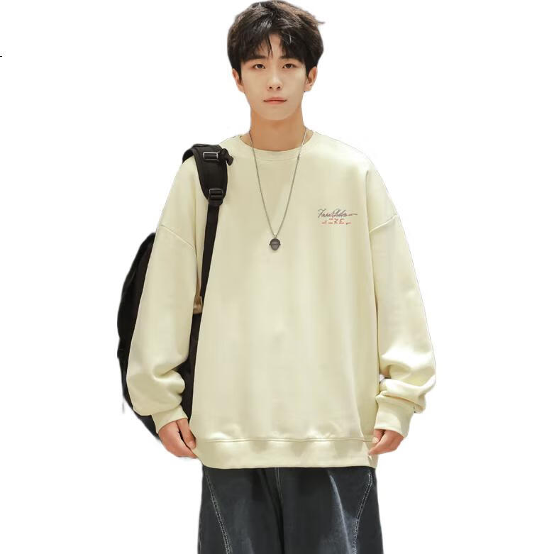 Foss Phil Men's Sweatshirt, Spring And Autumn Loose Fit, Printed Round Neck, Casual T-Shirt, Versatile Trendy Top, FPW4 Apricot Color, Size L