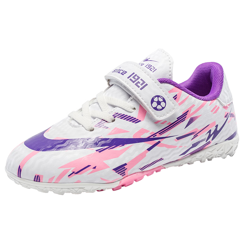 Shuangxing Kids Soccer Shoes 6-12 Years Magic Tape TF Turf Studs Non-slip Wear-resistant Training Match Student Sneakers Pink Purple Size 32
