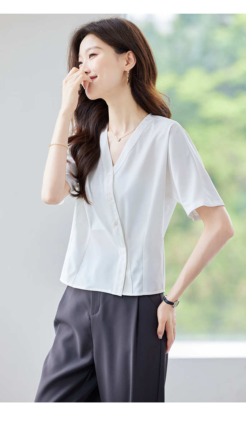Jeanswest Women's Short Sleeve Shirt 2026 Summer French Style V-Neck Fashion High-End White Top M 9