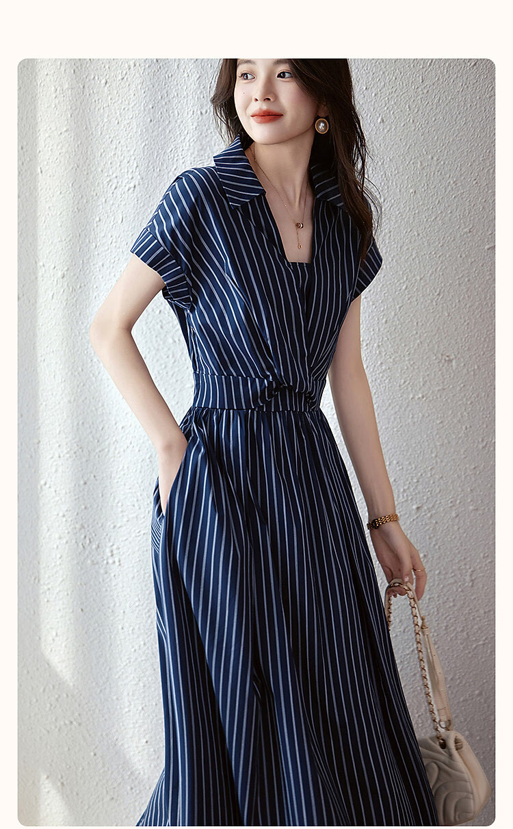Dme [Perfect Workmate] Summer Cloud Cotton Lapel Twisted Waistband Side Hidden Slit Striped Vintage Women's Dress 1