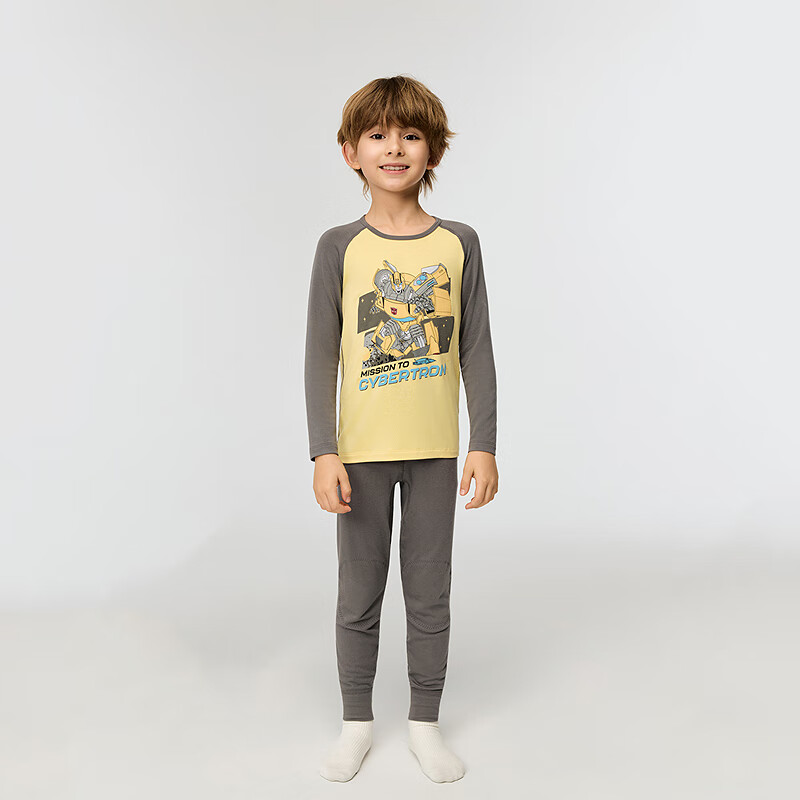 AIMER KIDS Small Heater [Medium Warm] Thermal Underwear Set Antibacterial Anti-Mite Transformers Bumblebee Autumn Clothes and Pants 130