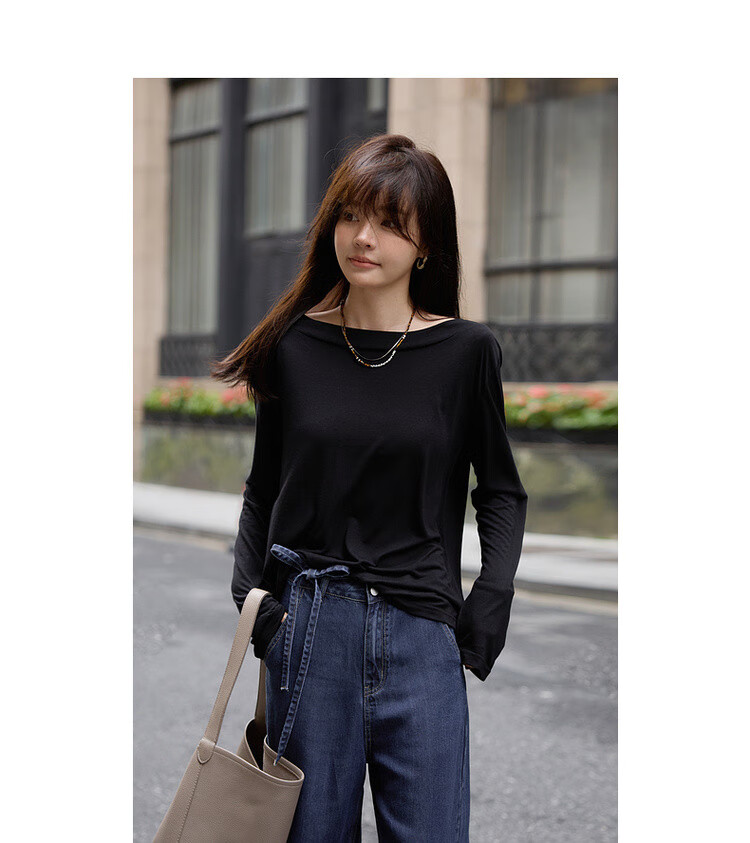 Mt [Yunrou Zero Pressure] Autumn Lightweight French-Style Wide Collar Boat Neck, Thin Simple Comfortable Elastic Long-Sleeve Women's T-Shirt 4