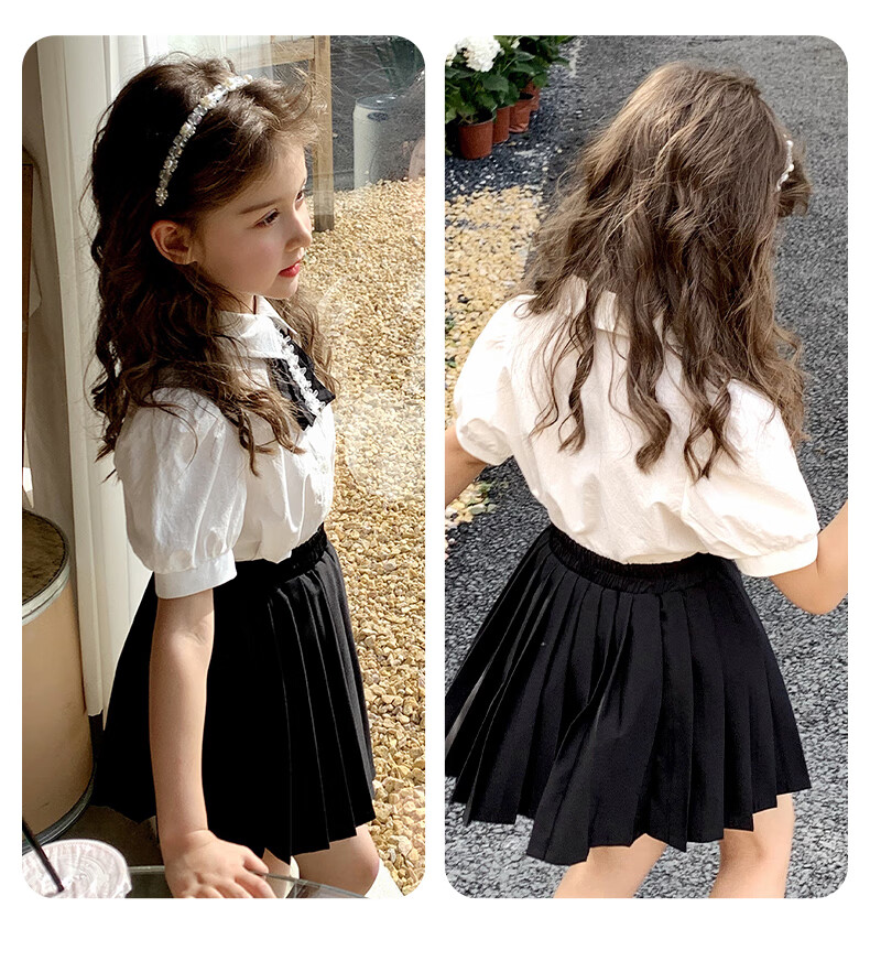 Follow Me Girls' Summer Set: Preppy Style Shirt Top And Pleated Skirt Two-Piece Set White/black 140 16