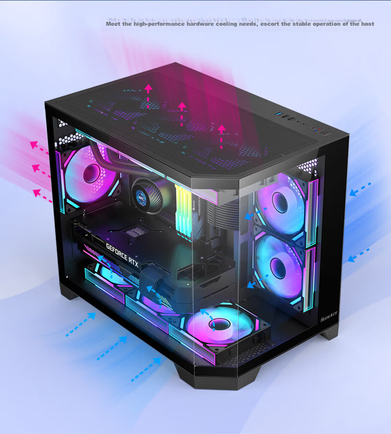 Huntkey S960 Storm X Ice Blade Edition Black Panoramic View Seaside Case (Three-Sided Tempered Glass Panel/Left And Right Zones/360mm Water Cooling/9 Fan Positions/MATX Motherboard) 6