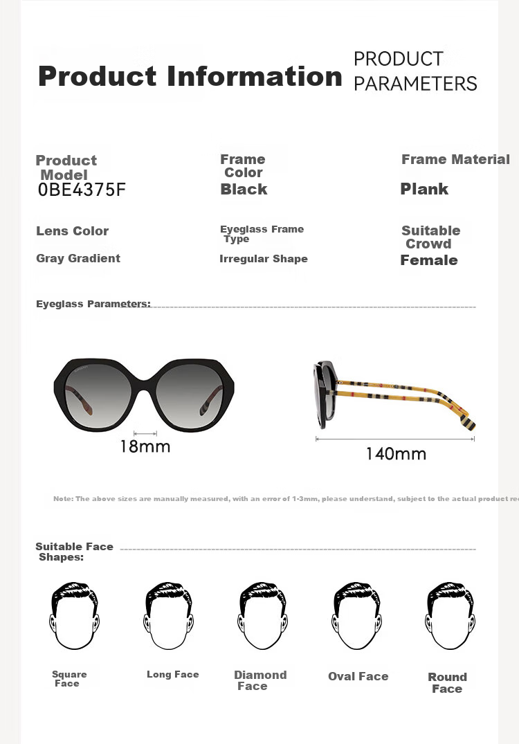 BURBERRY [Official Authentic Product], Sunglasses, Unisex Round Frame Sunglasses, 0BE4375F38538G57 5