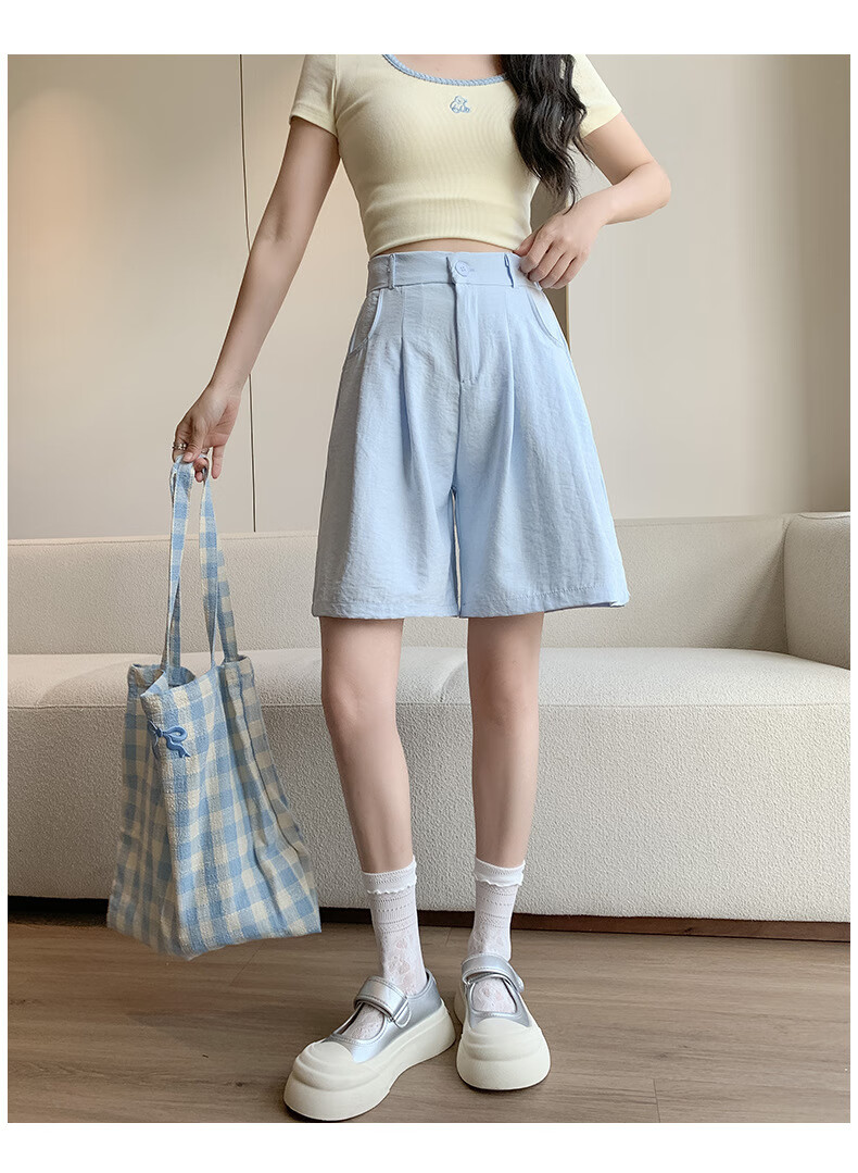 LangSha Milk Puff Suit Shorts for Women, Ice Silk Summer New High-Waist Loose Casual Mid-Length Pants, Relaxed Loose-Fitting Five-Point Shorts 28