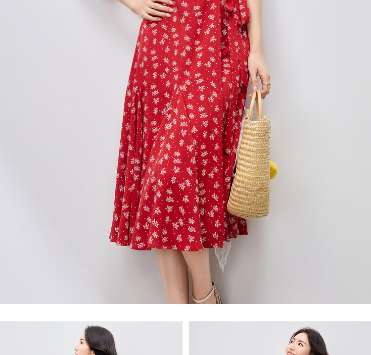 Sentubila Elegant Vacation Style V-Neck Dress for Women Summer Lantern Sleeve High Waist Floral Mermaid Slimming Mid-Length Dress 16