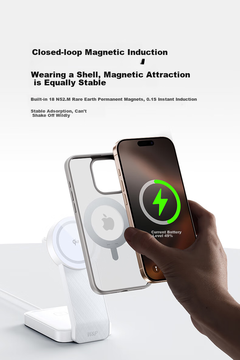 W&P QI2 Certified Apple 18-In Wireless Charger, Portable Magnetic Stand, 25W/15W Fast Charging, Compatible with Earphones, Apple Watch, Wp 20