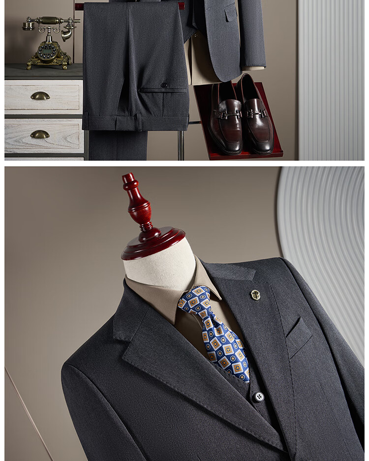 ROMON Wool Suit Set for Men Business Formal Wedding Attire Dark Gray 4XL (Blazer + Vest + Trousers) 11