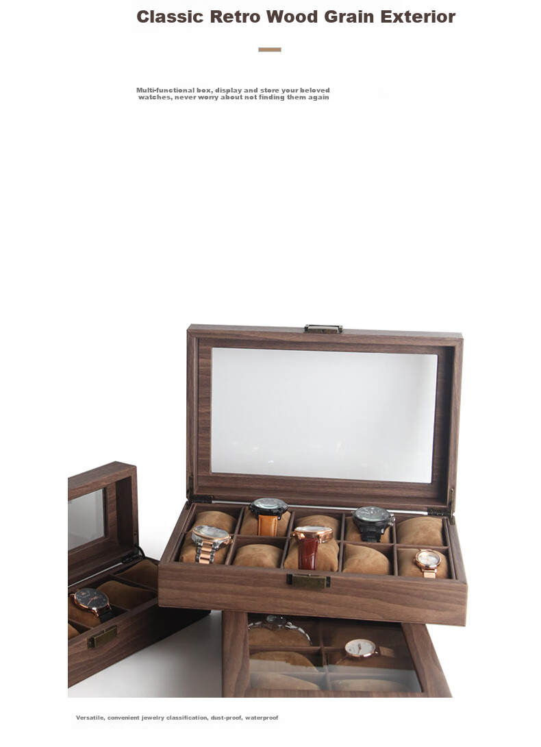 DUOJINJIANG Handmade Wooden Watch Storage Box with Multiple Watch Slots, Dustproof Velvet Interior, Walnut Wood, 6 Watch Slots, Elegant Gift 13
