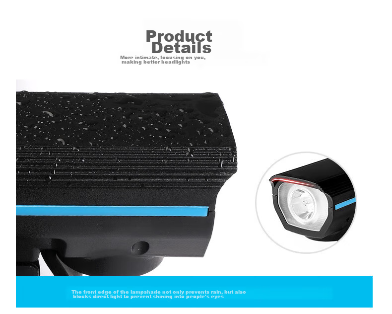 BIKEBROS Bicycle Front Light USB Rechargeable Horn Light Mountain Bike High Brightness Flashlight Children's Bicycle Bell Bike Front Light Strong Night Riding Light Horn Light Blue Strong Light 13