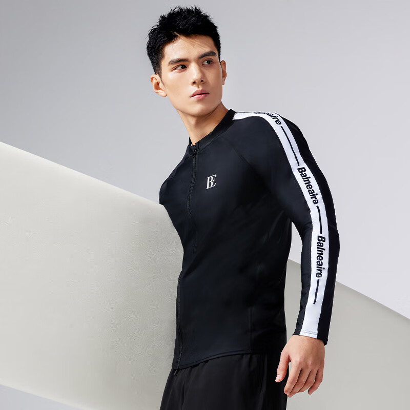 BALNEAIRE Men's Series, 2025 New Black And White Spliced Long-Sleeve Sun Protection Zipper Elastic Men's Swimwear, Deep Black, 2XL