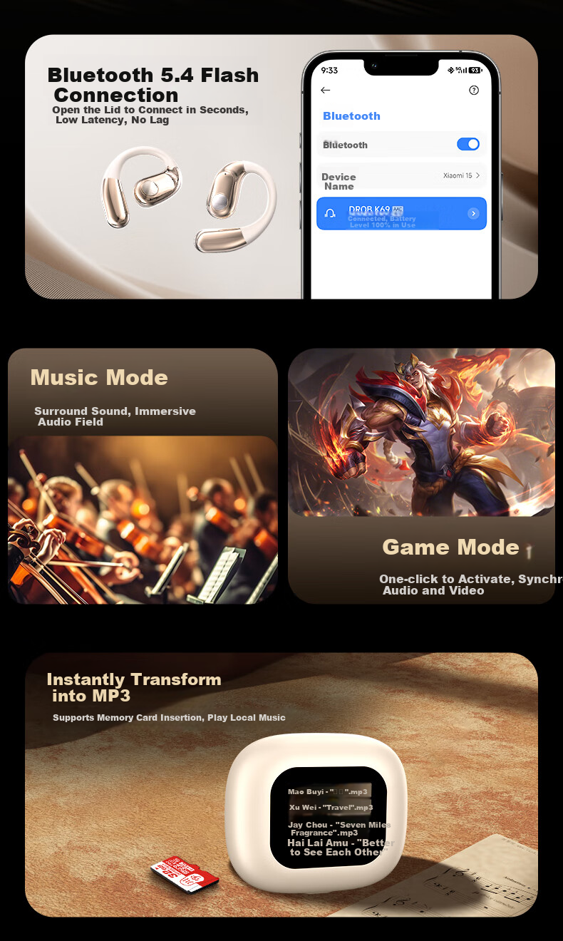 D.ROB D.ROBAI Conference Headphones, Bone Conduction Concept, Over-Ear Wireless Bluetooth Earphones, Noise Reduction, Real-Time Recording, Simultaneous Interpretation, Compatible with Huawei, Apple, Huawei Xiaomi K69, Beige Color 14