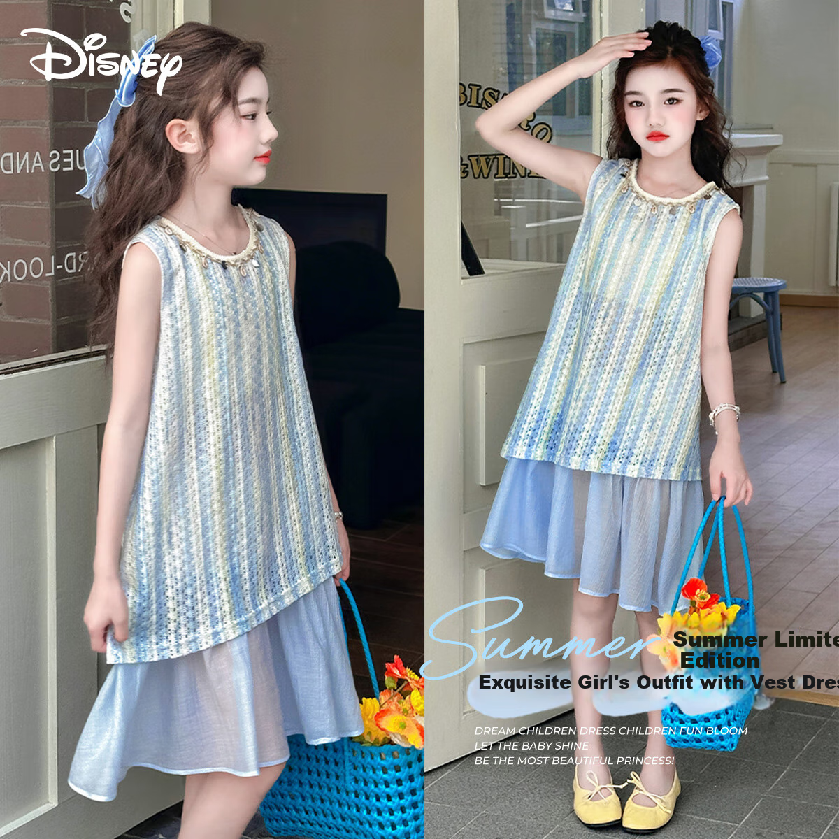 Disney Girls' Sleeveless Knitted Faux Two-Piece Dress, Lightweight Breathable Princess Dress for Vacation Style, Size 150