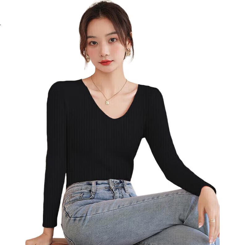 Женский вязаный свитер Jeanswest, осень 2025, приталенный, с V-образным вырезом, длинным рукавом, базовый слой, черный, один размер