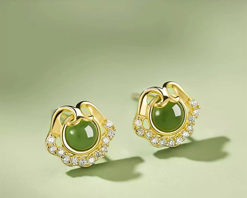 Zhou Baifu Ruyi Silver Stud Earrings for Women Hetian Jade Luxury High-End Earrings Women's Birthday New Year Gift for Girls 2
