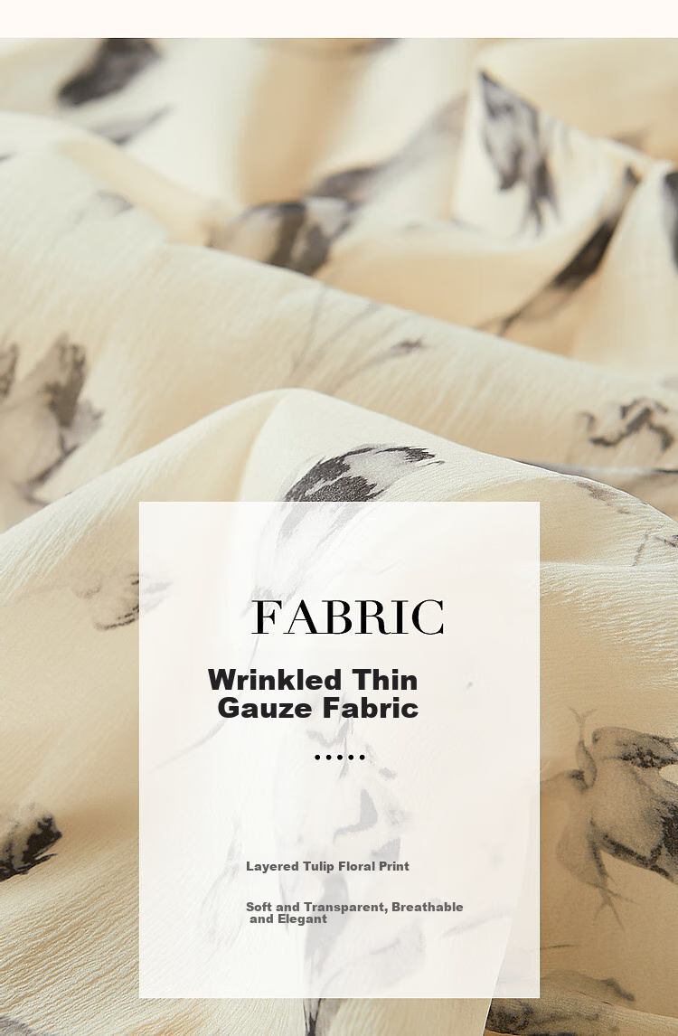 Dme [Anniversary] Summer V-Shaped Overlapping Collar Puff Sleeve Tea Break Dress, Wrinkled Thin Tulle Tulip Print Dress for Wome 7