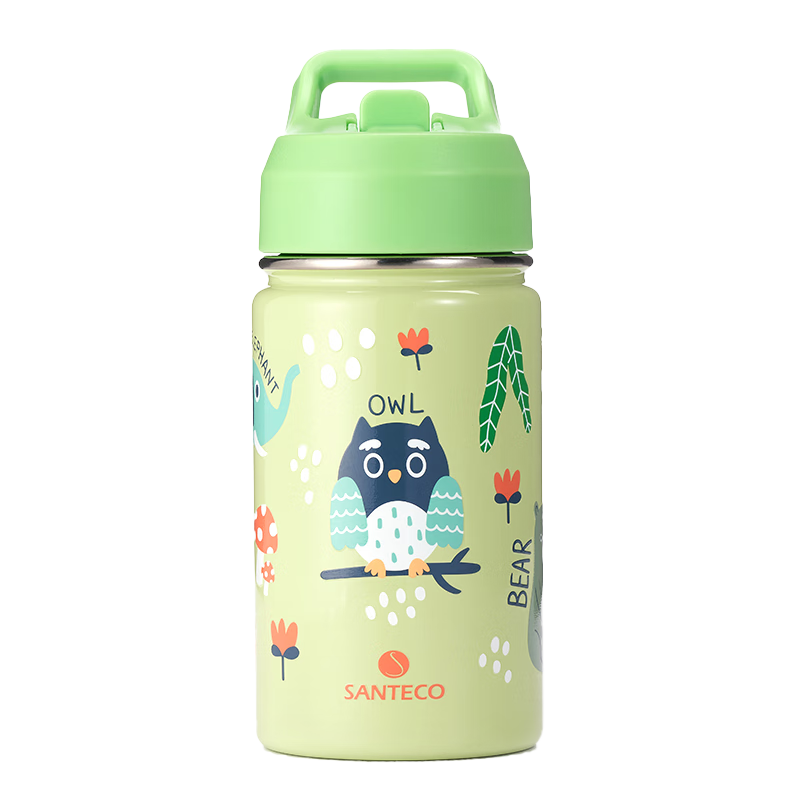 SANTECO Children's Insulated Cup, Stainless Steel Direct Drinking Straw Water Bottle, Kindergarten Student Baby Dual-Use Water Jug, Owl Desig