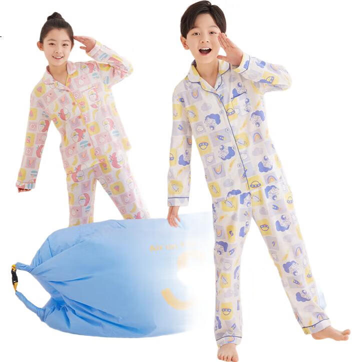Hodo Children's Pajamas, Spring And Autumn Pure Cotton, Boys And Girls Home Wear Set, Long-Sleeve Top And Long Pants Two-Piece Set, M3511 Light Blue, Size 140