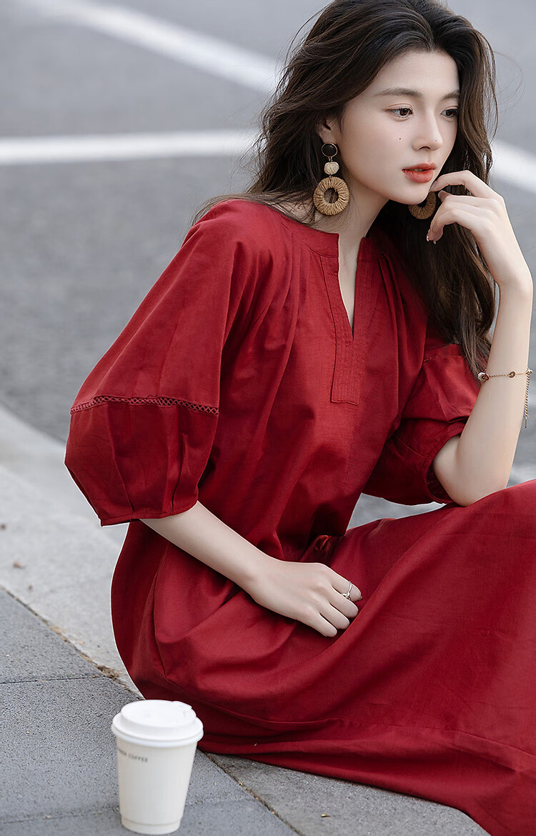 Dme [Chunmuji] Summer Smooth Linen Cotton Bamboo Jersey Round Neck Loose Straight Dress for Petite Wome 10