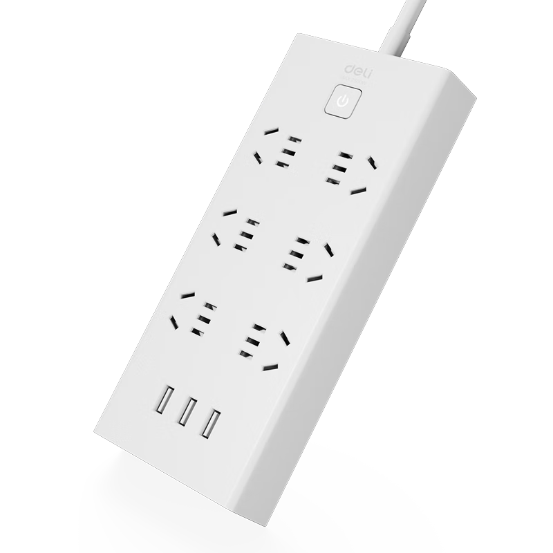 Deli USB Smart Power Strip, Extension Cord/Power Bar/Outlet Strip, 3 USB Ports + 6 5-Prong Outlets, Master Switch 2 Meters, Child Safety Lock, 18284