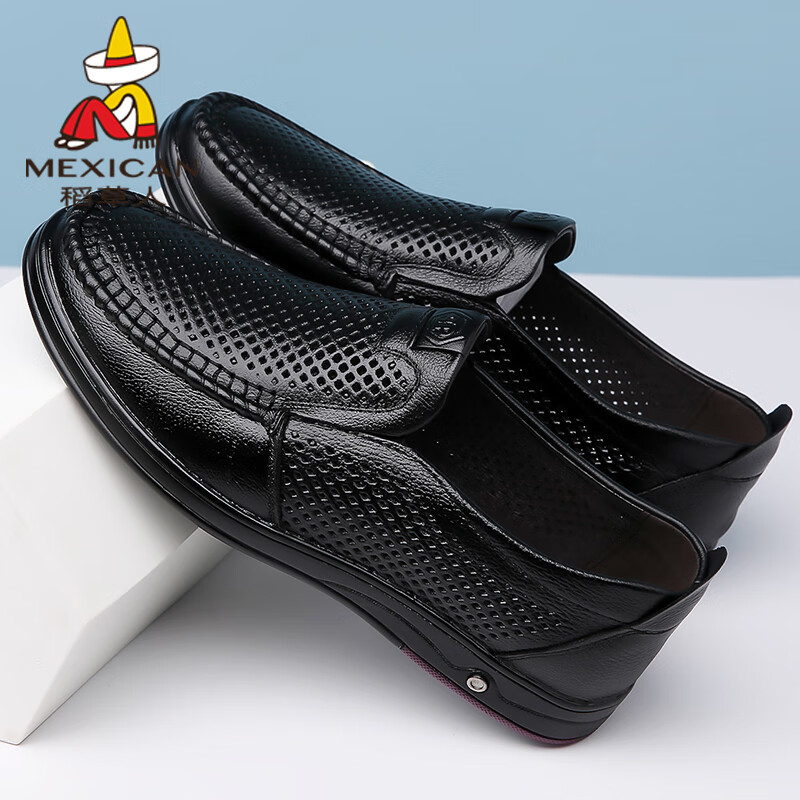 MEXICAN Business Casual Top-Grain Leather Shoes, Men's Formal Shoes, Hollow Breathable Slip-On Loafers, Large Size Shoes, Black, Size 41