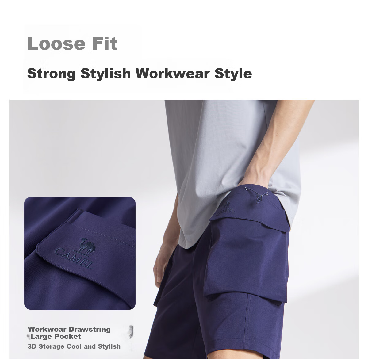 CAMEL Men's Spring And Summer New Cool Casual Workwear Loose Straight-Leg Shorts with Elastic Large Pockets M15BAWI002 10