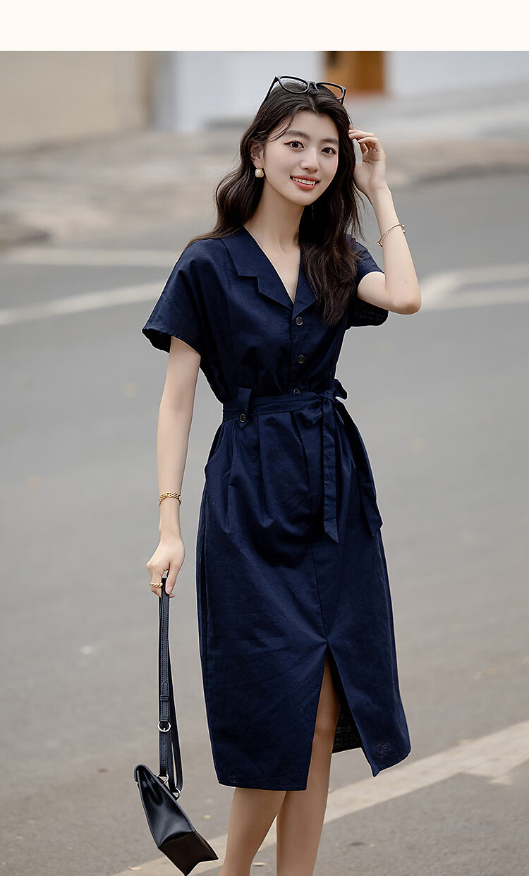 Dme [Smooth Linen Cotton Bamboo Blend] Summer Elegant Office Wear Lapel Tie Three-Button Short-Sleeve Women's Dress 6