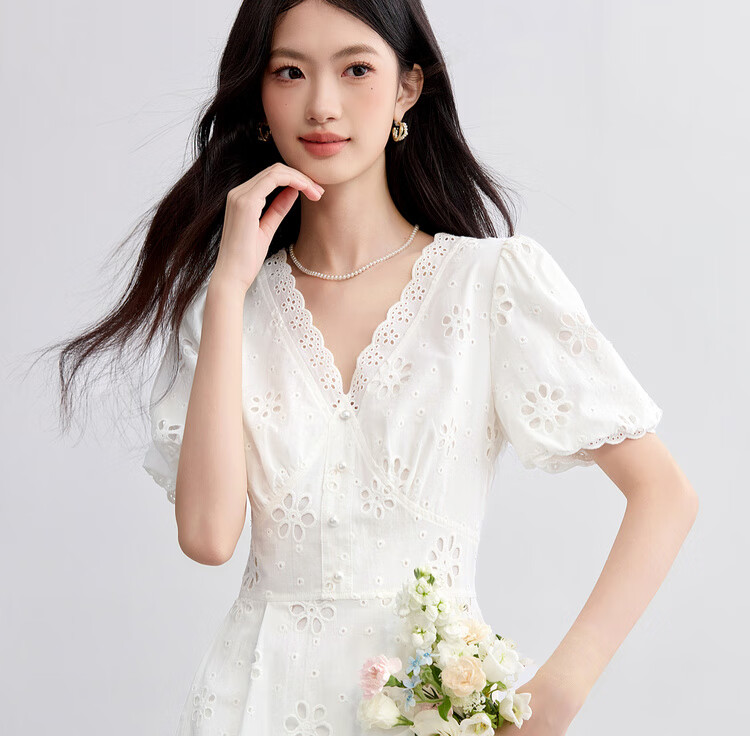 Sentubila Pure Cotton Lace V-Neck Lantern Sleeve White Dress for Women, Summer Elegant Pearl Button Embroidered A-Line Slimming Mid-Length Dress 6