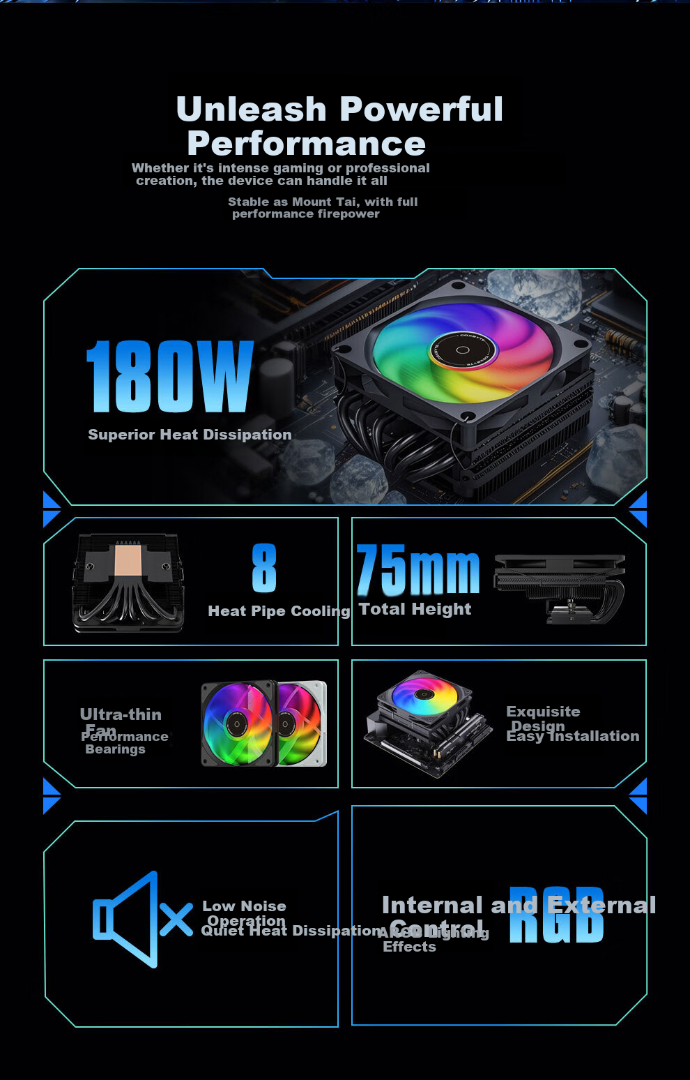 COXBYTE Bottom-Pressed CPU Cooler with 6 Heat Pipes/9.2cm Fan (Compatible with Intel/AMD), ITX Small A4 Case Air Cooling CFan-30V6 ARGB Synchronized Lighting 2
