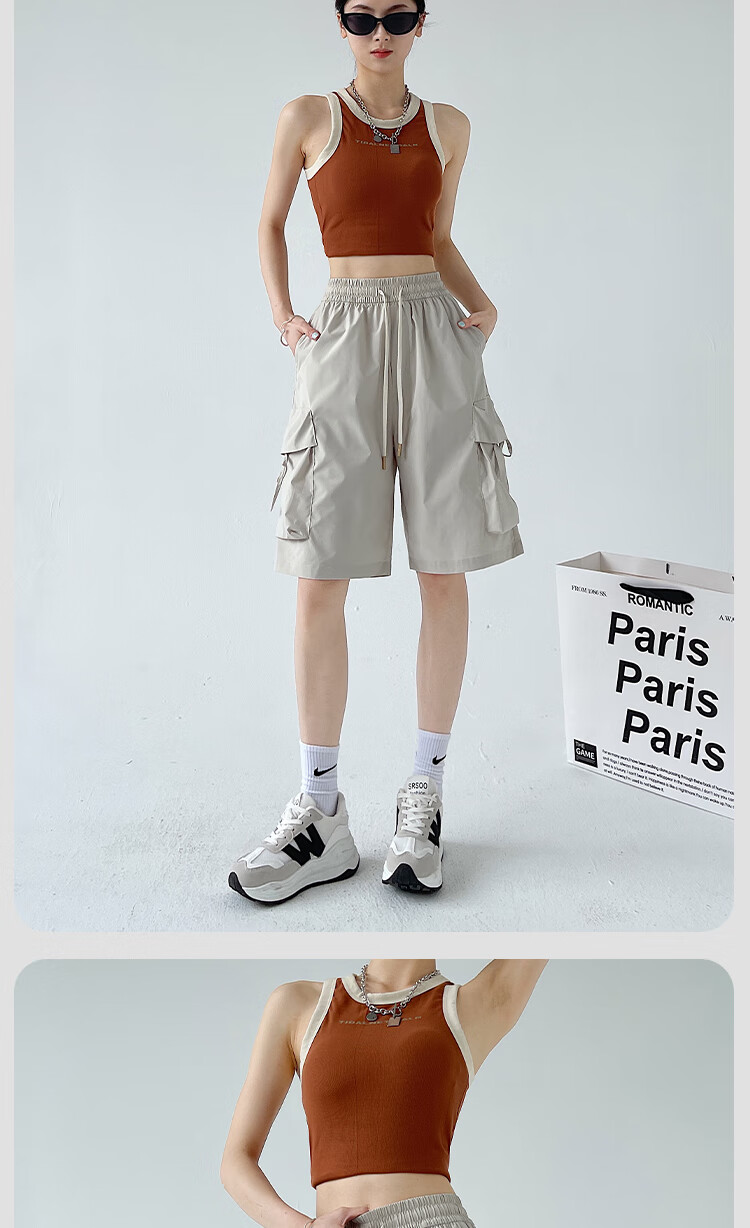 Xueqiman Large Pocket Workwear Shorts Women Summer 2026 New American Style Quick-Dry Ice Silk Cool Straight Sports Knee-Length Pants 12