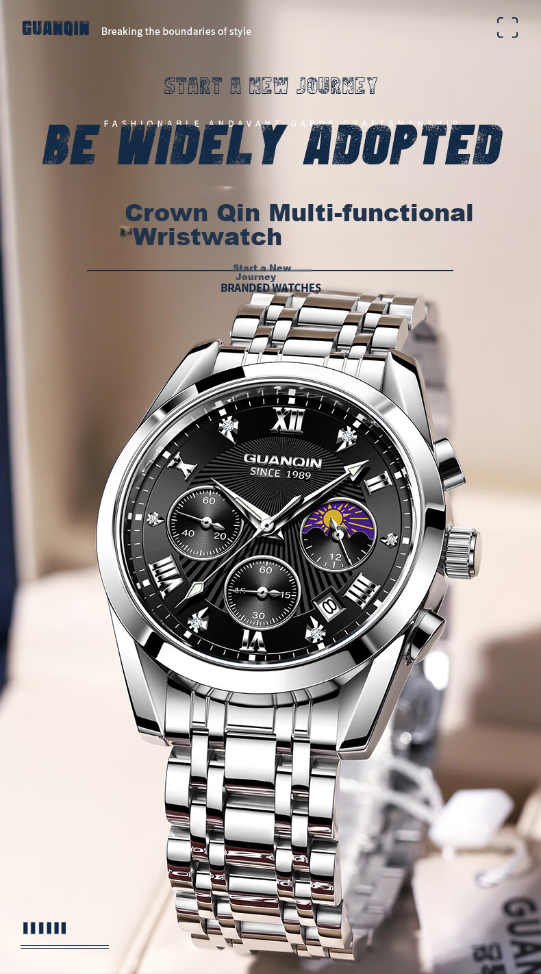 GUANQIN Men's Mechanical-Style Fashion Wristwatch, Swiss Quality Men's Watch, Waterproof Fully Automatic Multifunctional Brand National Watch 1