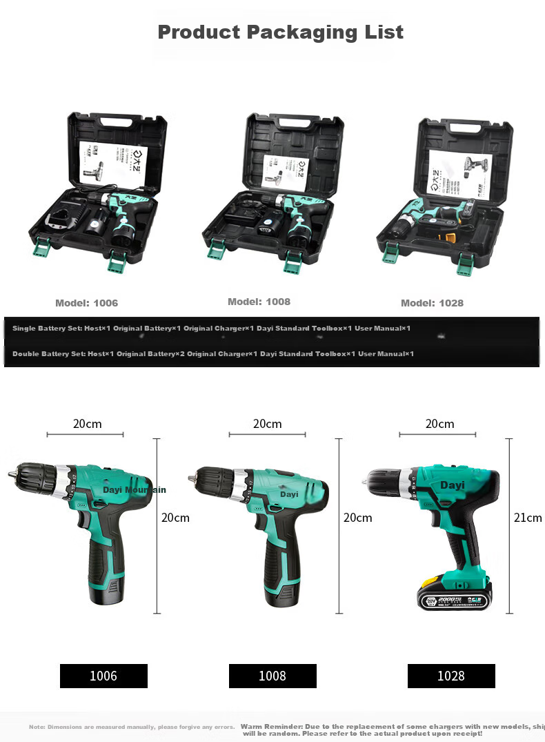 Dayi Electric Drill, Lithium Battery Handheld Drill, Pistol Drill, Rechargeable Multi-Functional Household Electric Screwdriver, Bare Tool 1028 21