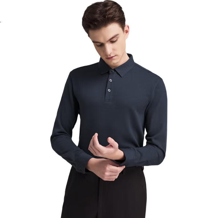 YOUNGOR [Machine Washable Wool] Heat-Retaining Men's Autumn Winter Long-Sleeve Wool Lapel Polo Shirt, Navy Blue, L