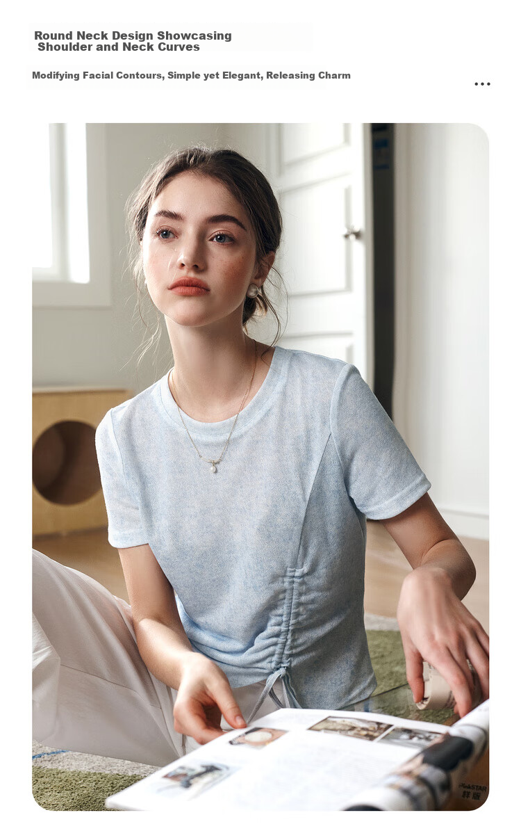 Olrain Oureier Solid Color Irregular Ruched Simple T-Shirt Summer New Waist Ruched Design Top Blue S 5