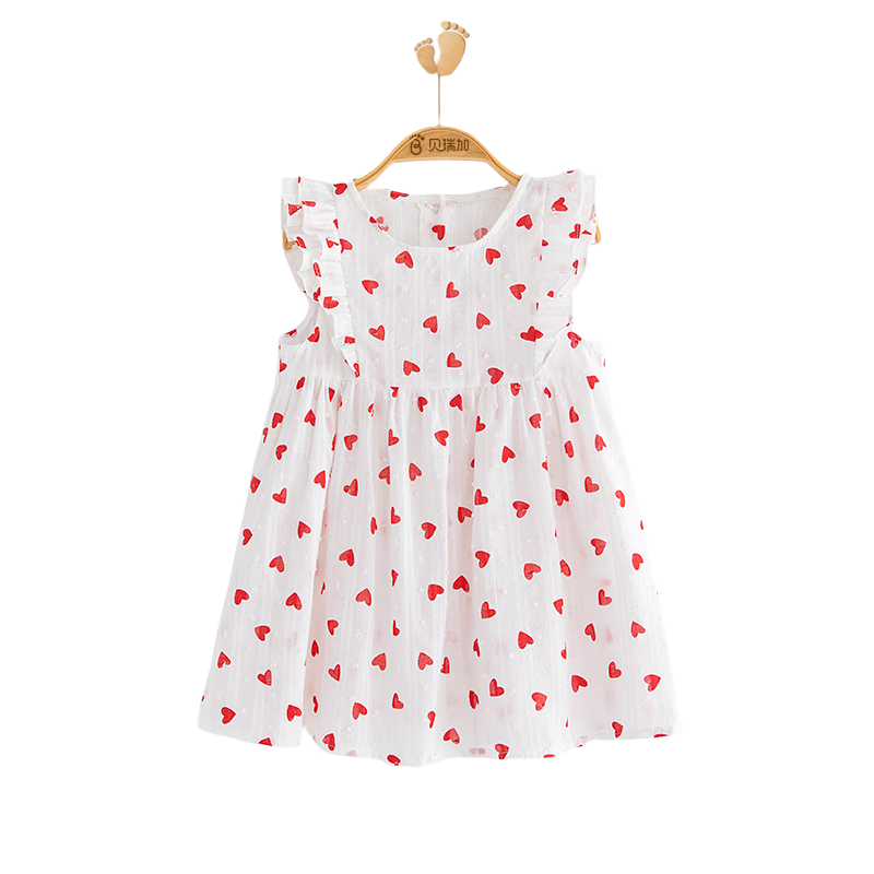 Babyprints Girls' Summer Dress, Pure Cotton Princess Dress, Sweet Sleeveless Dress for Little Girls, Birthday Party Dress, Heart Pattern, Size 120