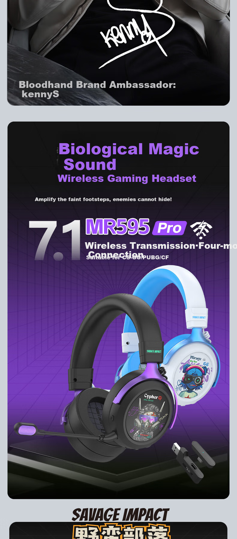 A4TECH Wild Tribe MR595PRO Wireless/Bluetooth/Wired Gaming Headset Over-Ear Blood Hand Phantom PUBG CS Valorant Lightweight Delta Gaming Phantom Hacker 1