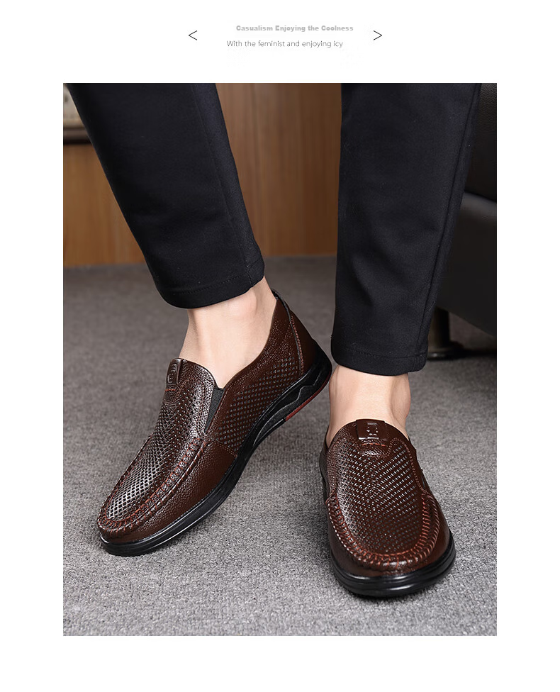 MEXICAN Business Casual Top-Grain Leather Shoes, Men's Formal Shoes, Hollow Breathable Slip-On Loafers, Large Size Shoes, Black, Size 41 7