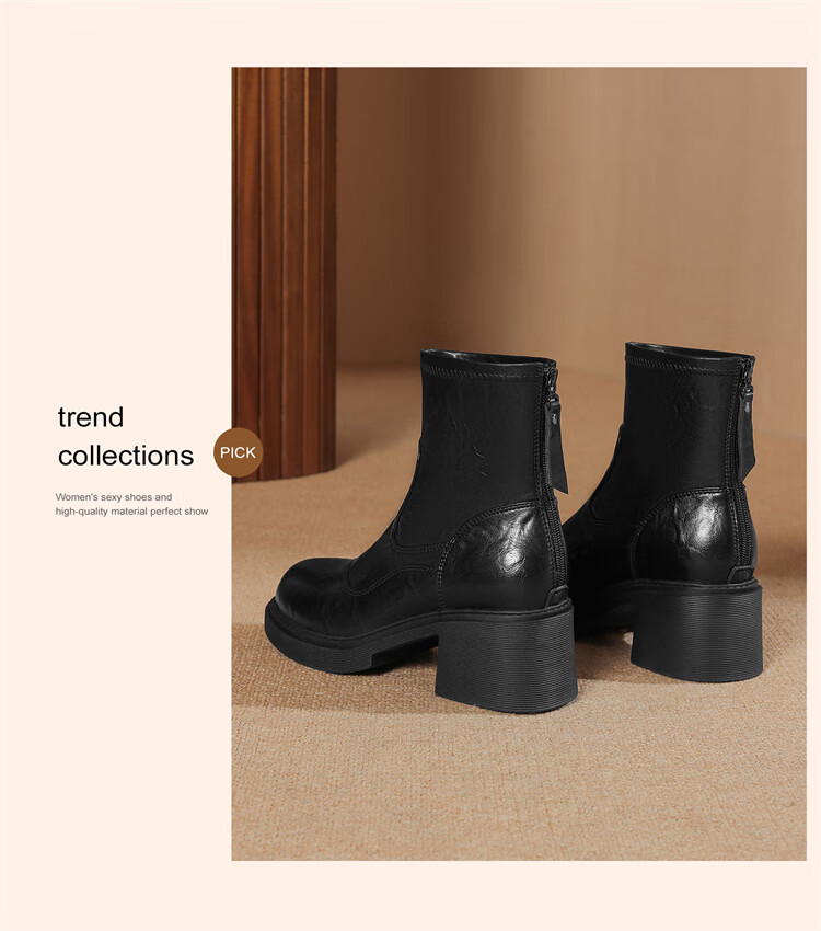 DAPHNE Women's Short Elastic Slim Boots Winter Fleece Warm Thick High Heel Leather Ankle Fashion Boots Fleece Black 35 2