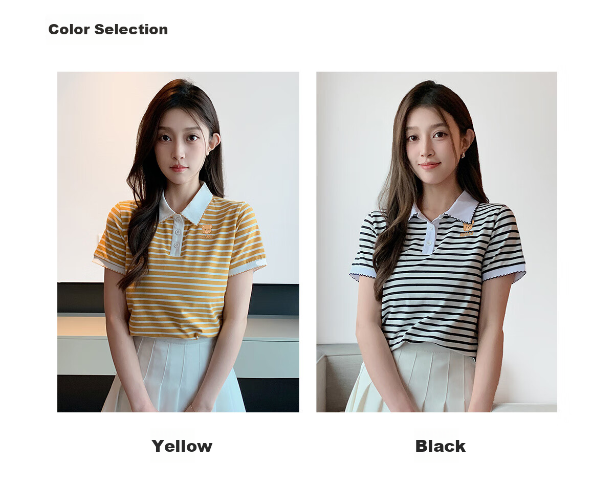 Halo Queen Women's Summer Polo Collar Short Sleeve T-Shirt, Casual Loose Versatile Collared Striped Top H143T1597 12