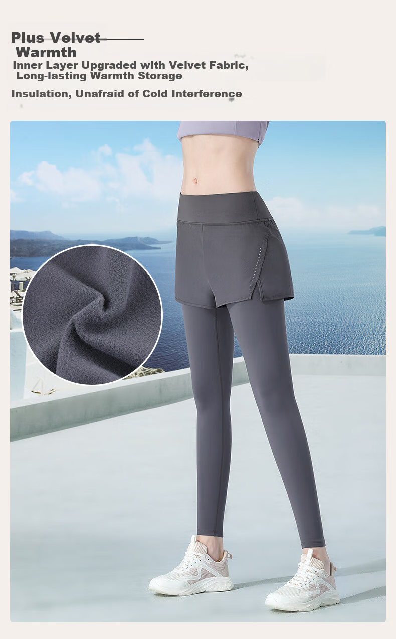 CAMEL Elastic Faux Two-Piece Fitness Pants for Women, High-Waisted Tight Running Trousers, Y23BA4L0029C, Misty Gray, XL 5