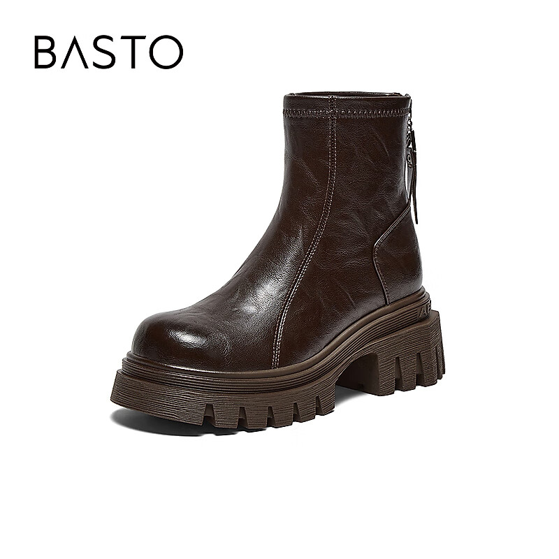 Basto 25 Winter Mall Women's High Heel Chunky Heel Short Boots Thick Sole Height Increasing Martin Boots F6012DD5 Brown 37