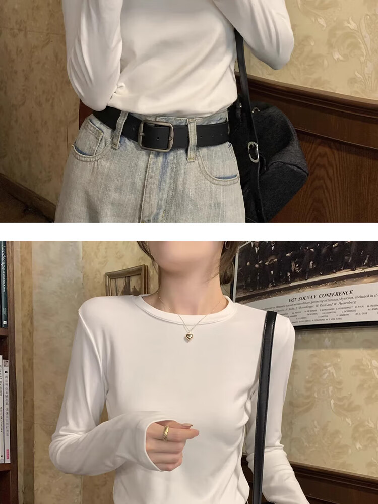 La Chapelle Women's Pure Cotton Base Shirt 2025 New Slim Fit Round Neck Long Sleeve T-Shirt Top Light Gray S 6