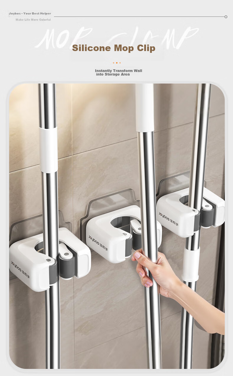 Jiabangshou Wall-Mounted Mop Holder, No Drilling Required, Bathroom Broom Storage Rack, Mop Clip, 2-Pack 1