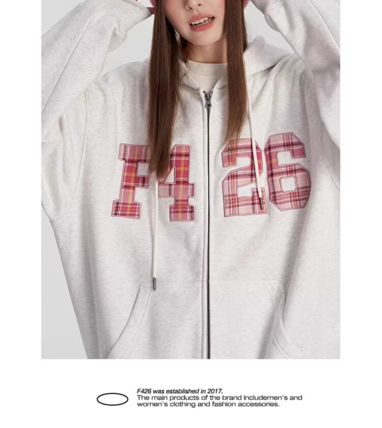 F426 [Zhao Lusi's Style] National Trend Brand Loose Fit Large Logo Plaid Patchwork Embroidered Sweatshirt Jacket, Floral Gray, L 11