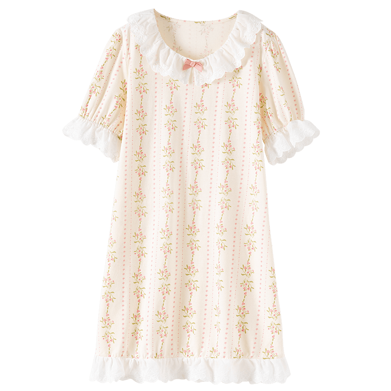 Dingguagua Top-Notch Girls' Nightgown, Summer Pure Cotton, Class A Breathable, 7A Antibacterial, Children's Home Wear, All-Cotton Sweet Style, Size 160