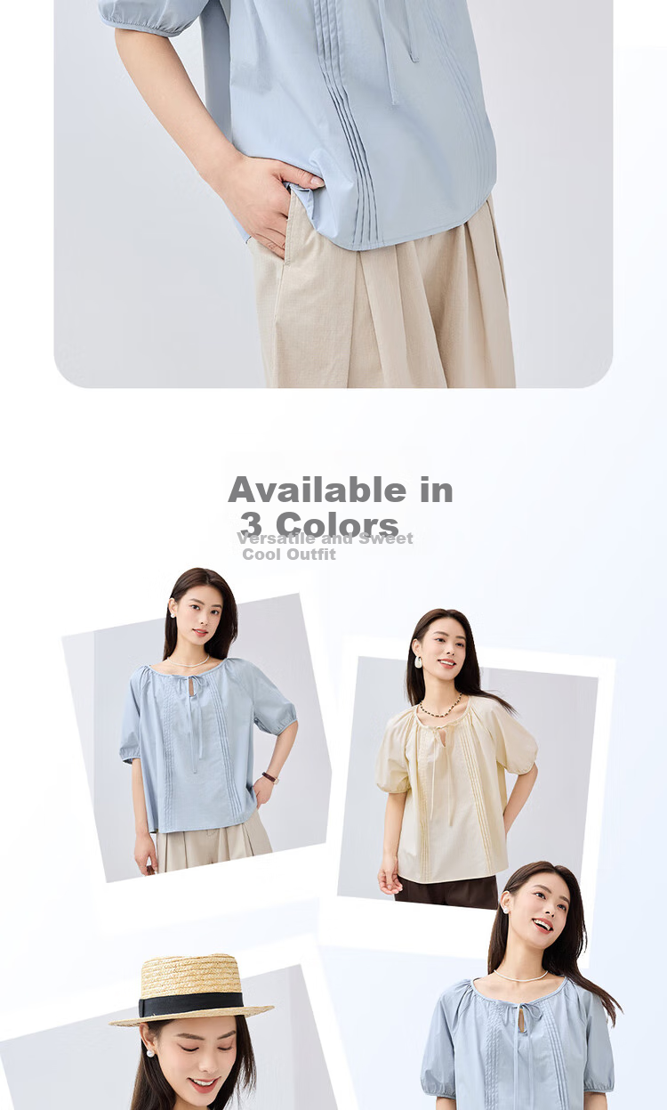 Giordano Women's Short-Sleeve Shirt, Pure Cotton, Brocade, Tie-Up Collar, Pleated, Raglan Sleeve, French Style, Elegant Blouse, 13345305 6
